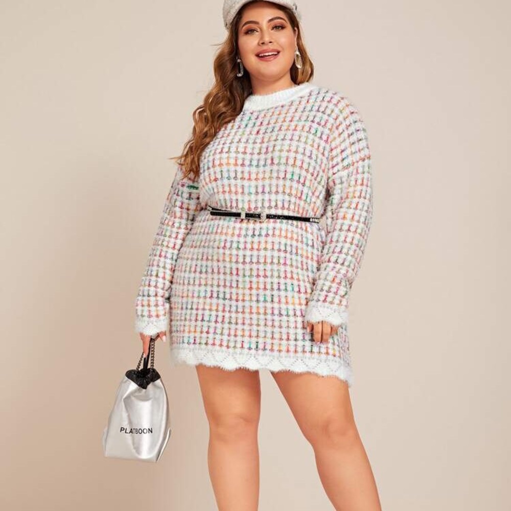 NEW Shoulder Colorful Tweed Knit Sweater Dress XL